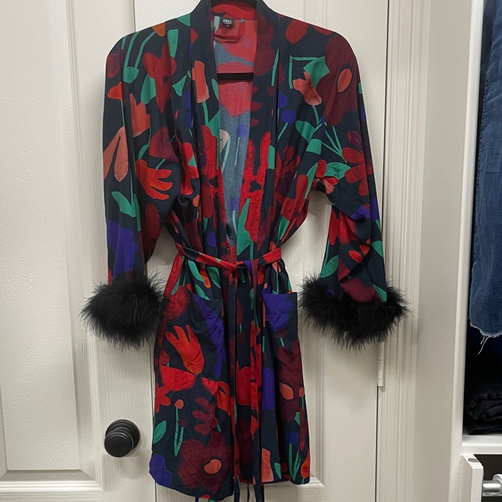 Vibrant Floral Robe with Black Fur Trim